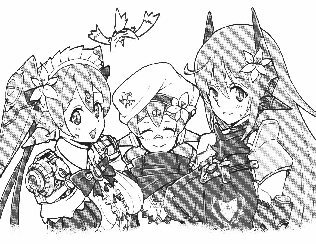 1boy 3girls blush breasts closed_mouth commentary_request eyebrows_visible_through_hair flower greyscale hair_ornament hana_(xenoblade) hana_jd hana_jk hat headpiece large_breasts long_hair maid maid_dress maid_headdress medium_breasts mochimochi_(xseynao) monochrome multiple_girls nopon open_mouth ribbon scarf short_hair simple_background small_breasts smile spoilers very_long_hair white_background xenoblade_(series) xenoblade_2