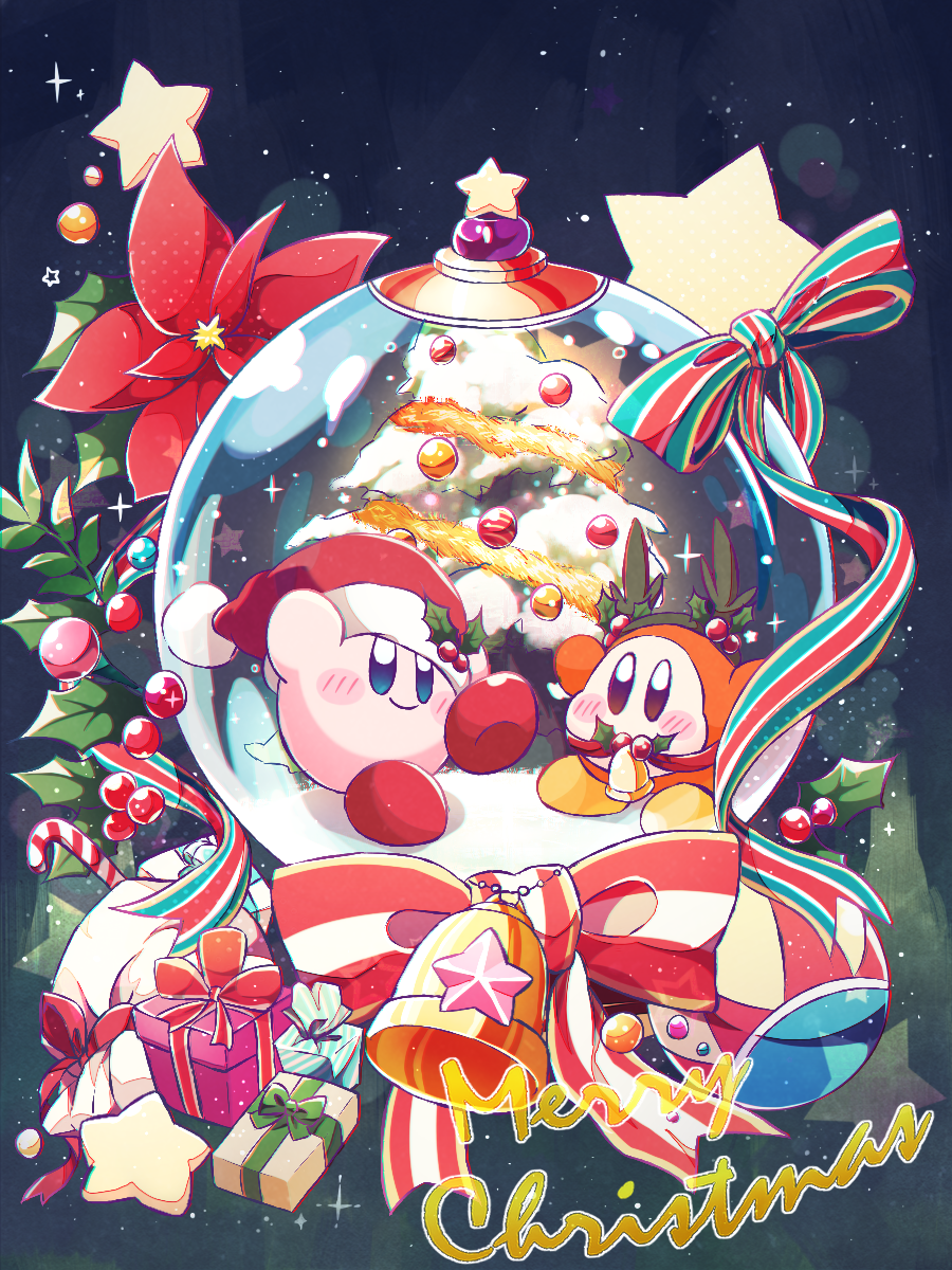 amedama_(akaki_4207) bell bow box candy candy_cane christmas christmas_tree english_text flower food hat highres kirby kirby's_dream_land kirby_(series) leaf merry_christmas no_humans red_flower ribbon santa_hat snow_globe star striped striped_bow striped_ribbon waddle_dee