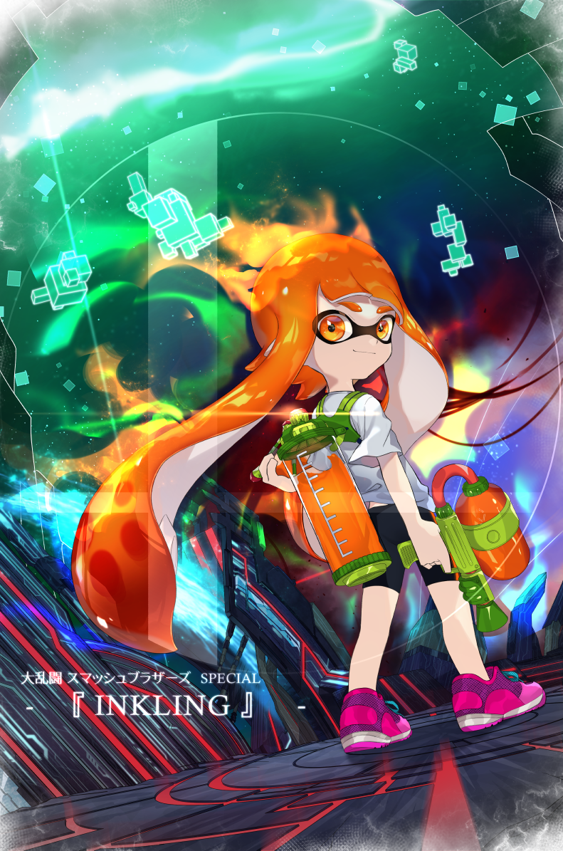 1girl amatcha aura bangs bike_shorts black_shorts blunt_bangs character_name closed_mouth commentary copyright_name domino_mask dutch_angle english_text from_behind holding holding_weapon ink_tank_(splatoon) inkling long_hair looking_at_viewer looking_back mask orange_hair pointy_ears purple_footwear shoes shorts single_vertical_stripe smile sneakers solo splat_bomb_(splatoon) splatoon_(series) splatoon_1 splattershot_(splatoon) standing super_smash_bros. tentacle_hair translated weapon
