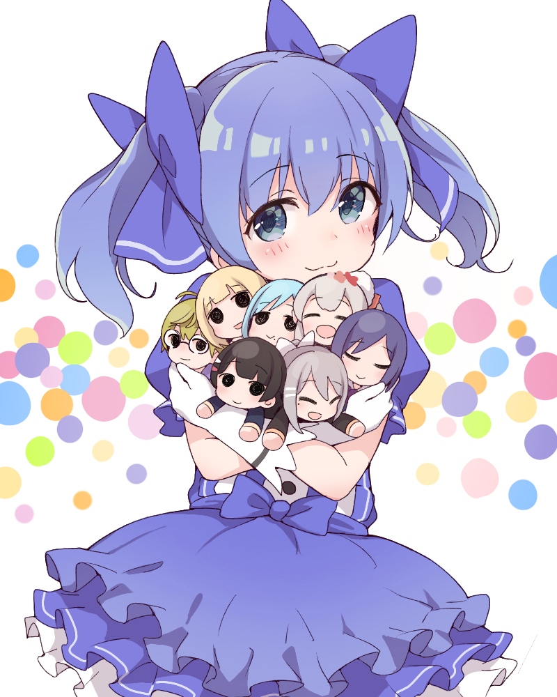 1girl :d bangs black_hair blonde_hair blue_bow blue_dress blue_eyes blue_hair blush bow character_doll character_request closed_eyes closed_mouth commentary_request ddak5843 doll_hug dress elbow_gloves elu_(nijisanji) eyebrows_visible_through_hair glasses gloves green_hair grey_hair hair_between_eyes hair_bow higuchi_kaede long_hair moira_(nijisanji) nijisanji open_mouth puffy_short_sleeves puffy_sleeves shizuka_rin short_sleeves smile solo tsukino_mito twintails virtual_youtuber white_background white_gloves yuuki_chihiro