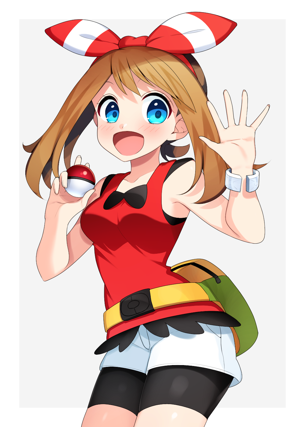 1girl :d bike_shorts black_shorts blue_eyes blush bow bracelet breasts brown_hair cowboy_shot hair_bow hairband haruka_(pokemon) highres holding holding_poke_ball jewelry long_hair looking_at_viewer medium_breasts open_mouth poke_ball pokemon pokemon_(game) pokemon_oras red_hairband red_shirt shirt short_shorts shorts shorts_under_shorts sleeveless sleeveless_shirt smile solo standing striped striped_bow white_background white_shorts yuihiko