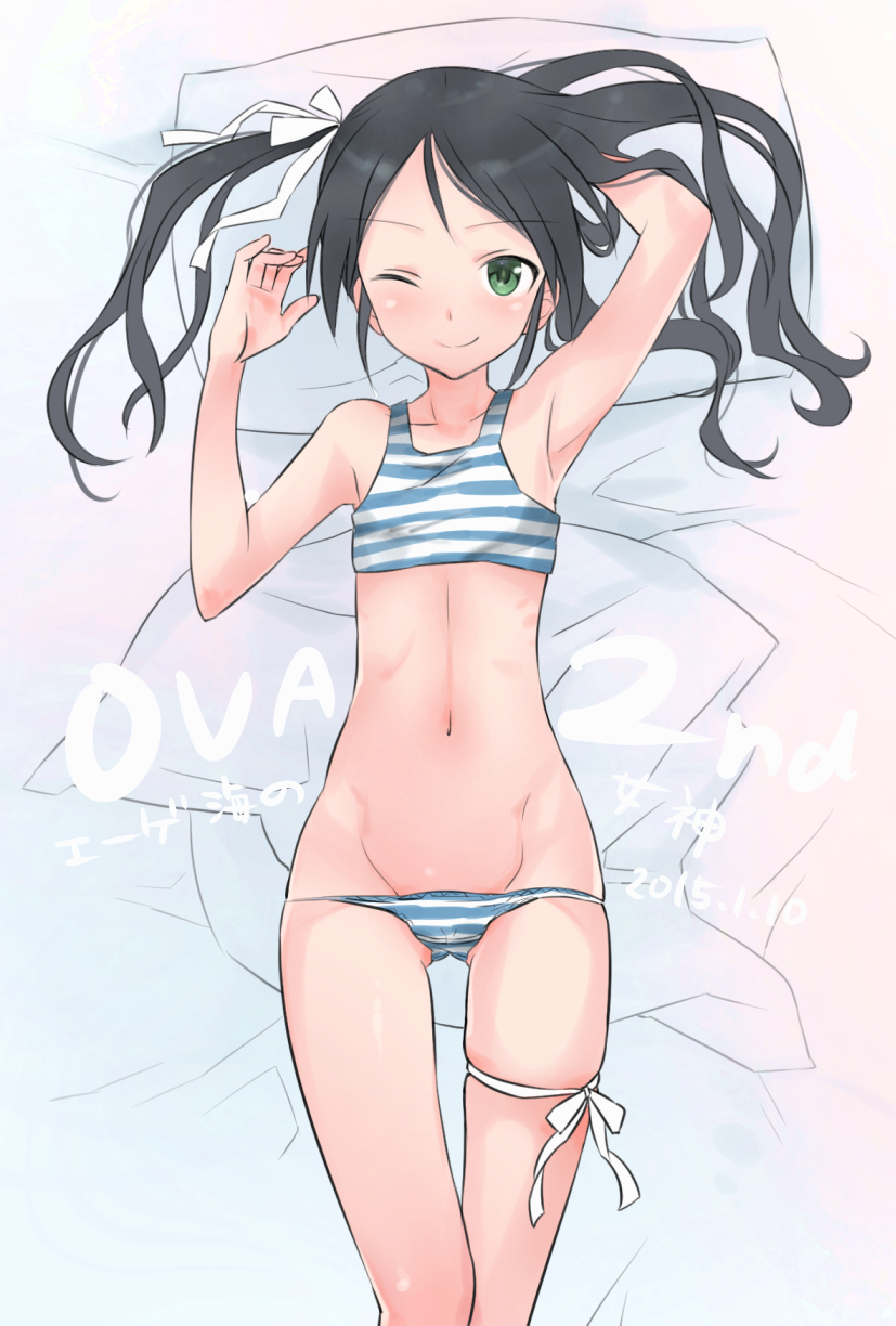 1girl ;) aohashi_ame arm_behind_head armpits arms_up ass_visible_through_thighs bangs bed_sheet black_hair blue_bra blue_panties blush bra closed_mouth commentary crotch_seam dated eyebrows_visible_through_hair francesca_lucchini from_above green_eyes groin hair_down hair_ribbon highres long_hair looking_at_viewer lowleg lowleg_panties lying navel on_back on_bed one_eye_closed panties pillow ribbon skindentation smile solo strike_witches striped striped_bra striped_panties swept_bangs thigh_gap thigh_strap training_bra translated underwear underwear_only white_ribbon world_witches_series