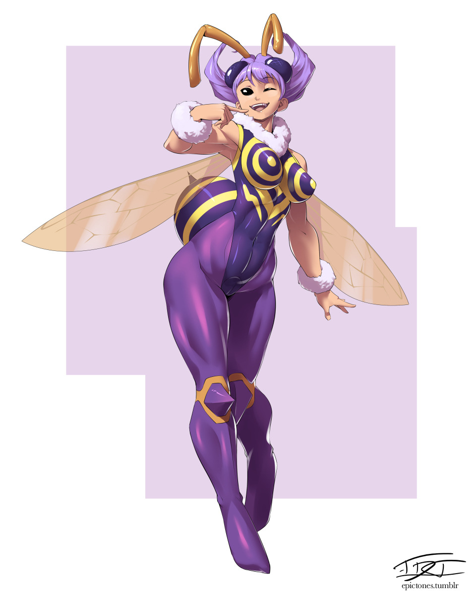 1girl antennae bee_girl black_eyes breasts compound_eyes covered_navel curvy eric_toner extra_eyes flipped_hair full_body fur_collar head_wings highleg highleg_leotard highres impossible_clothes impossible_leotard insect_girl insect_wings knee_pads large_breasts leotard monster_girl no_pupils one_eye_closed open_mouth pantyhose purple_legwear q-bee short_hair signature smile solo stinger thick_thighs thighs vampire_(game) violet_eyes watermark web_address wings wristband