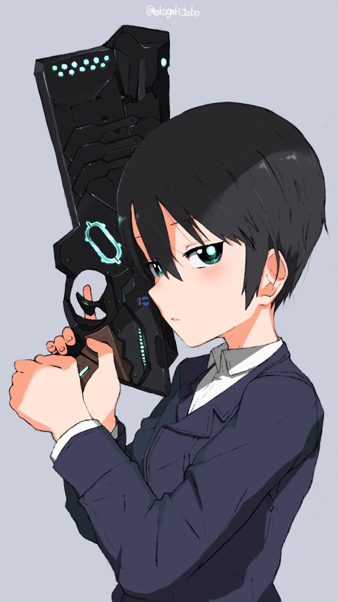 1girl androgynous bangs black_hair blue_jacket collared_shirt commentary crossover dominator_(gun) expressionless from_side green_eyes grey_background gun hair_between_eyes highres holding holding_gun holding_weapon jacket kino kino_no_tabi light_blush long_sleeves looking_at_viewer looking_to_the_side parted_lips psycho-pass reverse_trap shirt shirt_under_jacket short_hair simple_background solo tomboy trigger_discipline turbo_engine_(rakugaki_tabo) twitter_username upper_body weapon white_shirt