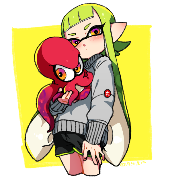 1girl animal bangs black_shorts blush cropped_legs dated domino_mask green_hair grey_sweater gym_shorts head_tilt holding holding_animal inkling light_frown logo long_hair long_sleeves looking_at_viewer mask octoling octopus outside_border pointy_ears red_eyes shorts splatoon_(series) splatoon_2 standing sweater tentacle_hair yellow_background yeneny