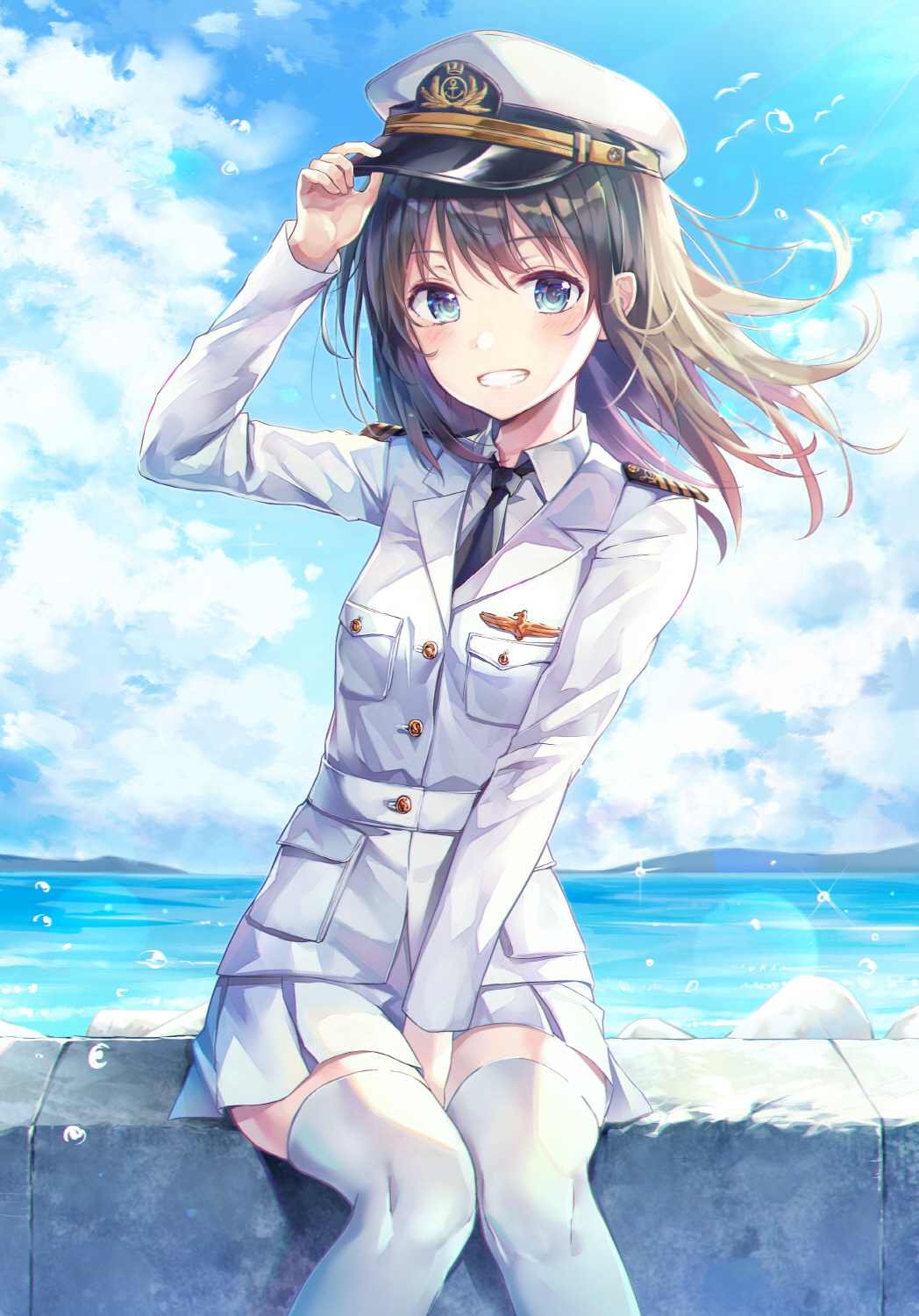 1girl animal badge between_legs bird black_hair black_neckwear blue_eyes blue_sky breast_pocket clouds cloudy_sky collared_shirt day flock glint grin hand_up hat highres horizon huwali_(dnwls3010) jacket lens_flare long_hair long_sleeves looking_at_viewer miniskirt necktie ocean original outdoors peaked_cap pleated_skirt pocket revision shirt skirt sky smile solo teeth thigh-highs undershirt uniform water white_jacket white_legwear white_shirt white_skirt wing_collar zettai_ryouiki