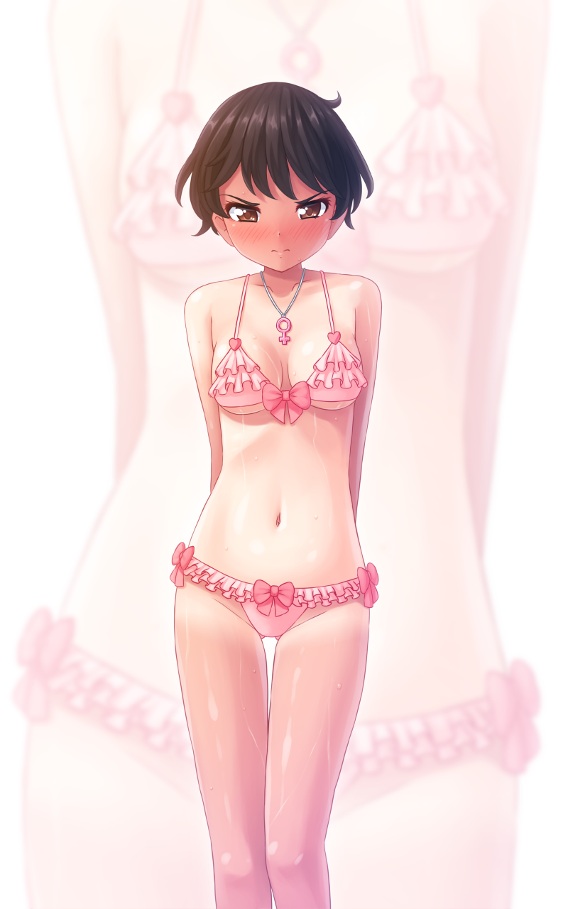 1girl aposine arms_behind_back ass_visible_through_thighs bangs bare_shoulders bikini black_hair blush bow breasts brown_eyes closed_mouth collarbone commentary dark_skin embarrassed english_commentary frilled_bikini frills full-face_blush half-closed_eyes heart highres jewelry looking_at_viewer medium_breasts navel necklace nose_blush one-piece_tan original pink_bikini pink_bow shiny shiny_hair short_hair solo standing swimsuit tan tanline thigh_gap tomboy under_boob venus_symbol zoom_layer