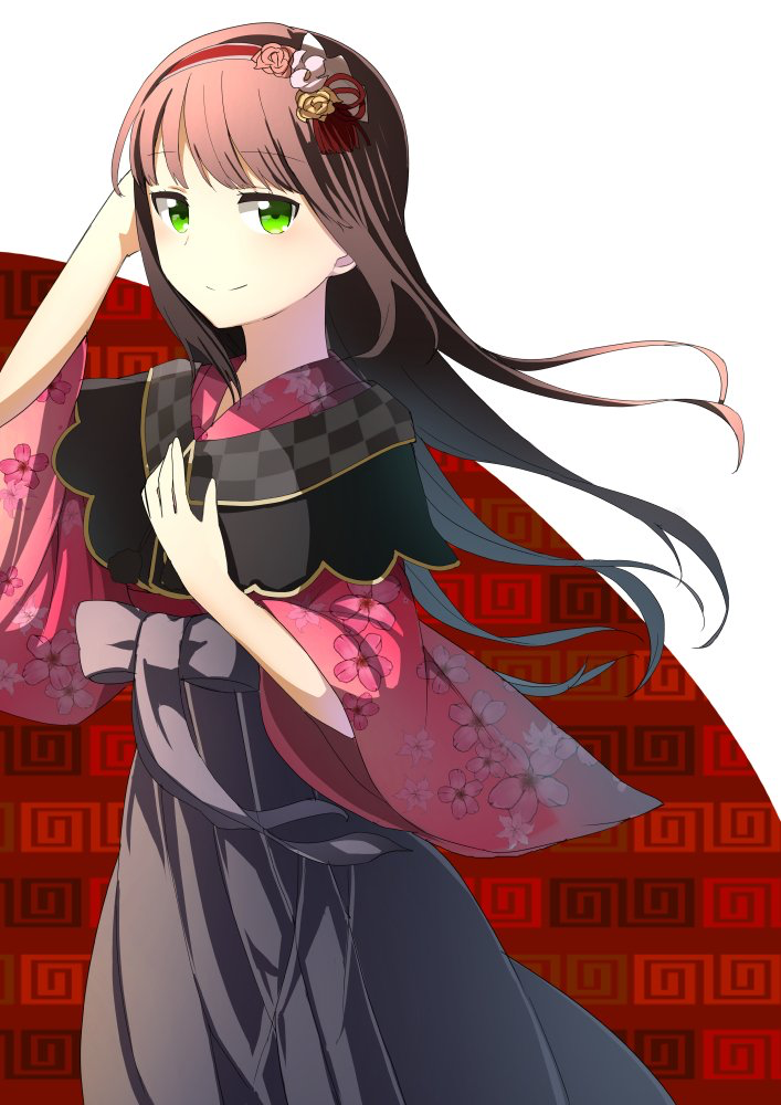 1girl aabtcndneefkg blue_capelet brown_hair capelet cherry_blossom_print eyebrows_visible_through_hair floating_hair flower green_eyes grey_hakama hair_flower hair_ornament hair_ribbon hairband hakama hand_in_hair japanese_clothes kimono kurosawa_dia long_hair long_sleeves love_live! love_live!_sunshine!! pink_flower pink_kimono print_kimono red_hairband red_ribbon ribbon smile solo standing very_long_hair white_background white_flower wide_sleeves yellow_flower