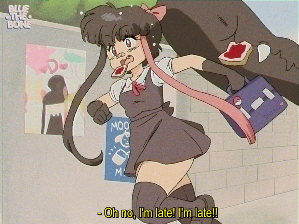 1girl artist_name bag bandaid bandaid_on_nose bangs bluethebone borrowed_character bow bread english_text eyebrows_visible_through_hair fake_screenshot fang food food_in_mouth gaghiel_(diives) gloves hair_bow late_for_school long_hair mawile mouth_hold oldschool open_mouth personification pink_bow pokemon puffy_short_sleeves puffy_sleeves running school_bag short_sleeves solo subtitled thigh-highs toast toast_in_mouth very_long_hair