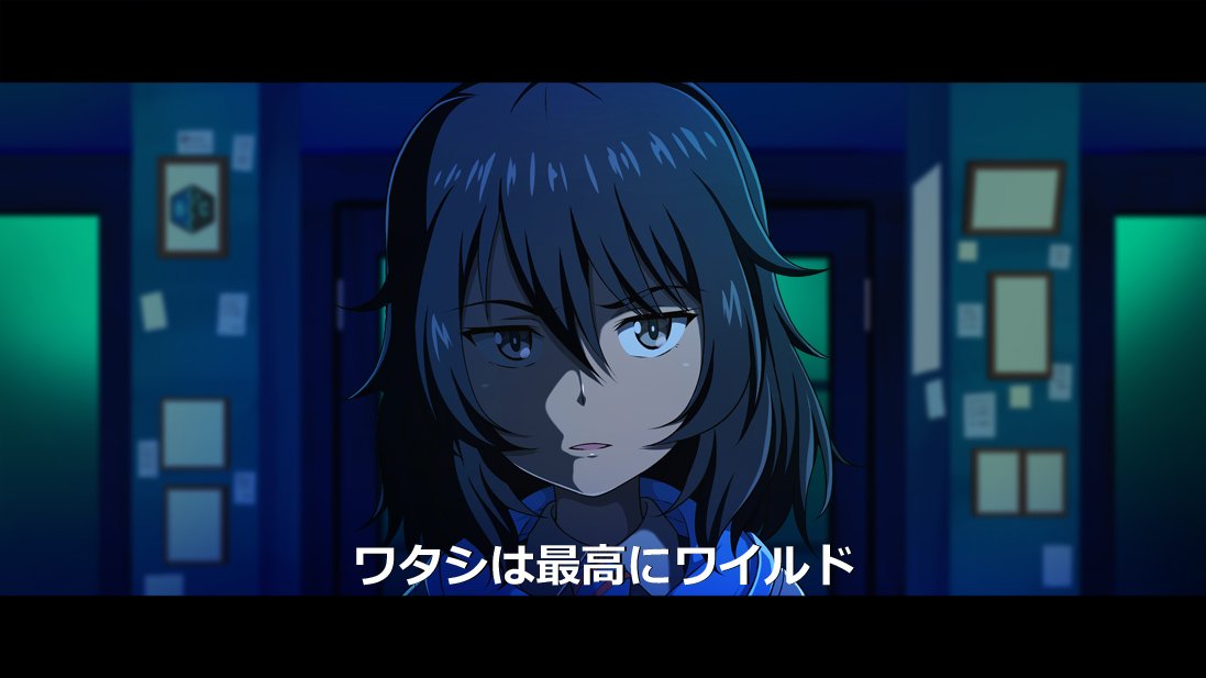1girl andou_(girls_und_panzer) bangs bc_freedom_school_uniform black_hair blue_neckwear blue_sweater blurry blurry_background brown_eyes commentary_request dark dark_skin diagonal_stripes dress_shirt face frown girls_und_panzer indoors inoshira letterboxed looking_at_viewer medium_hair messy_hair necktie parody parted_lips partial_commentary red_neckwear school_uniform shirt solo striped striped_neckwear subtitled sweater sweater_around_neck the_fast_and_the_furious translated white_shirt wing_collar