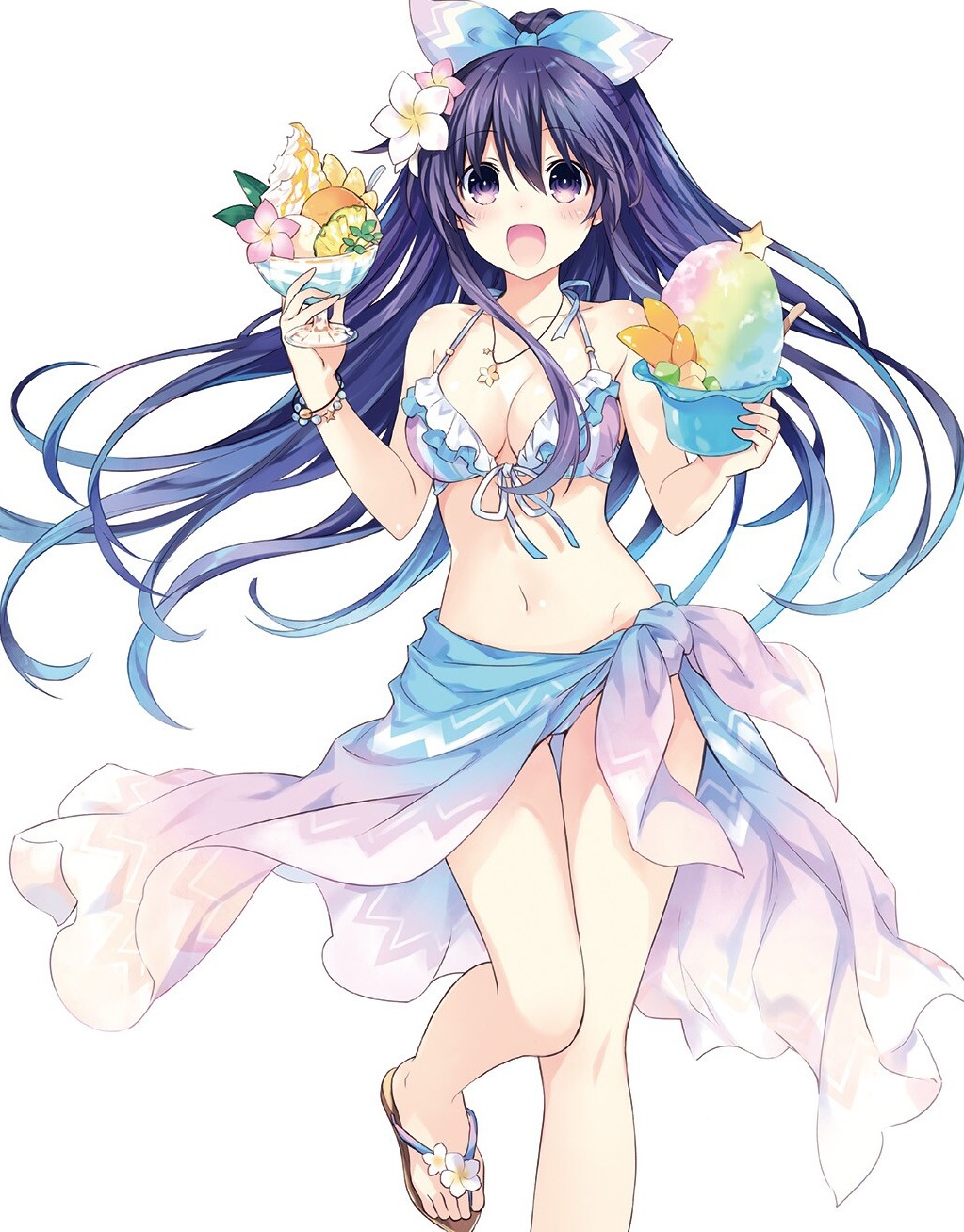 1girl bikini blue_bow blue_hair bow bracelet breasts cleavage collarbone date_a_live eyebrows_visible_through_hair floating_hair frilled_bikini frills gradient_hair hair_between_eyes hair_bow highres holding jewelry leg_up long_hair looking_at_viewer medium_breasts multicolored_hair navel necklace novel_illustration official_art purple_hair sarong shiny shiny_hair simple_background solo standing standing_on_one_leg swimsuit tsunako two-tone_hair very_long_hair violet_eyes white_background yatogami_tooka