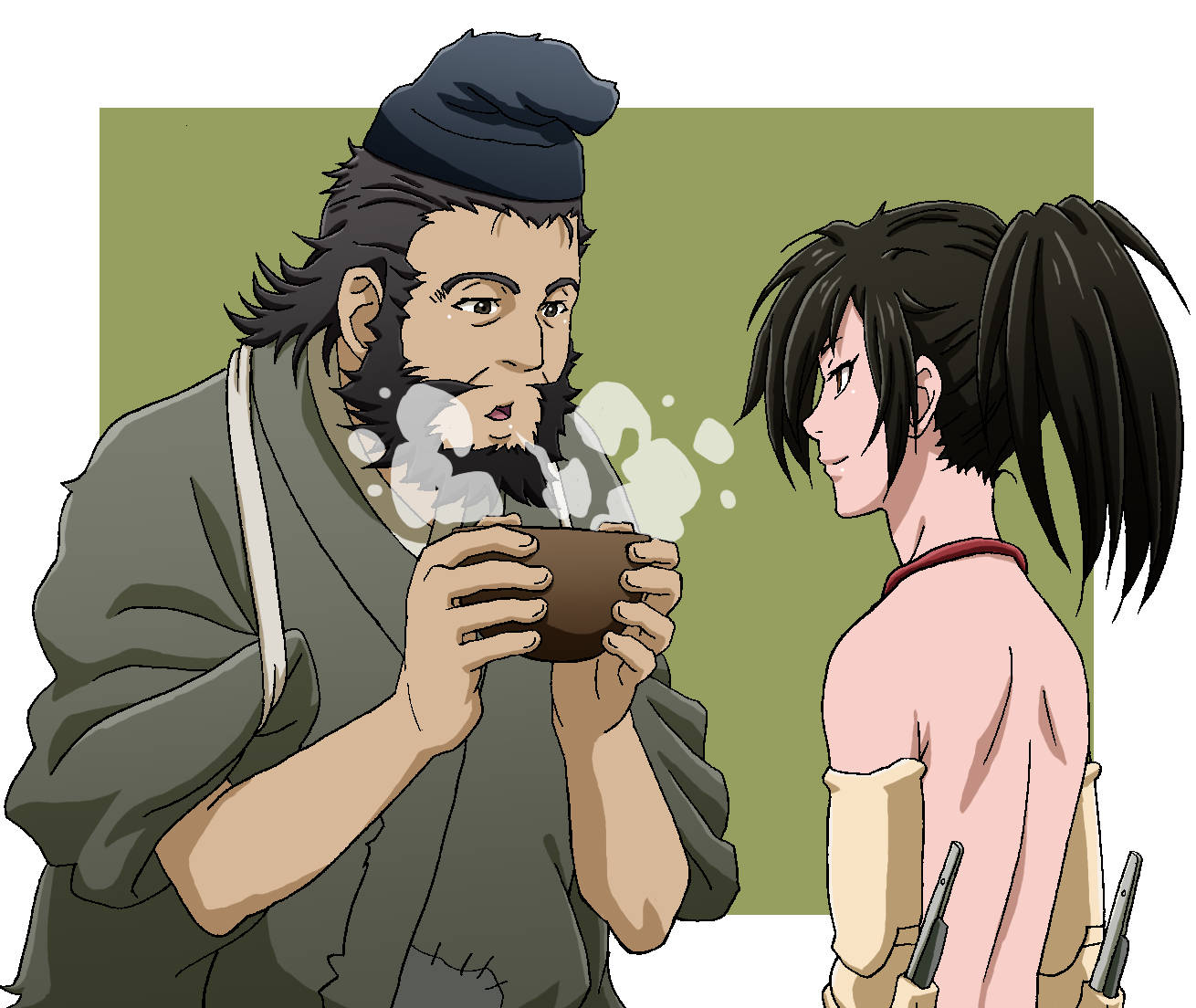 2boys beard black_hair blowing_on_food bowl brown_eyes dororo_(tezuka) facial_hair food hyakkimaru_(dororo) japanese_clothes jukai_(dororo) ku2 looking_at_another male_focus multiple_boys open_mouth ponytail prosthesis prosthetic_arm shirtless simple_background smile soup standing steam tasuki