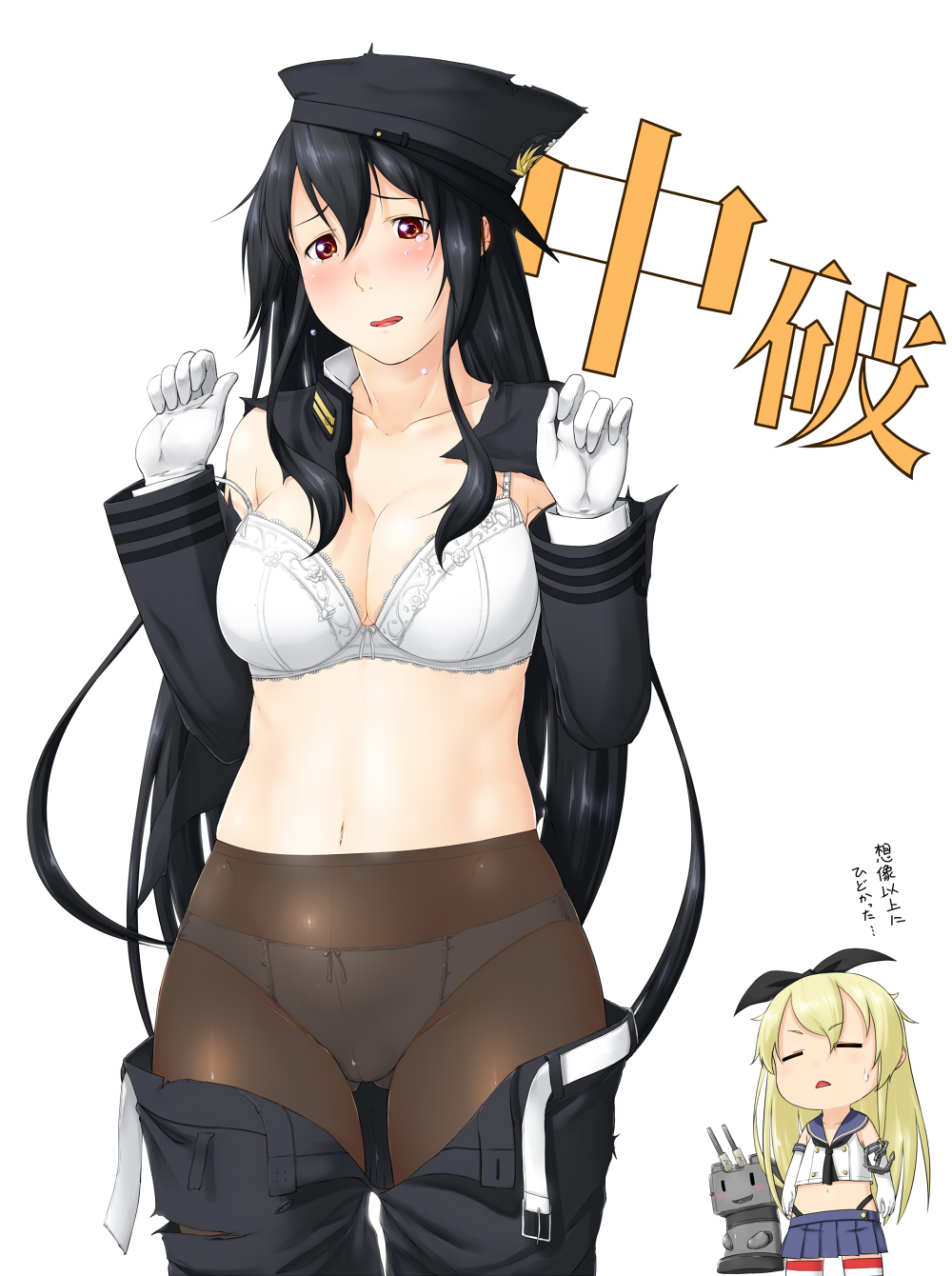 2girls anchor_symbol animal_ears belt black_hair blonde_hair blush bra breasts brown_eyes closed_eyes colorized crotch_seam detached_sleeves female_admiral_(kantai_collection) hair_ribbon hands_up hat highres kantai_collection large_breasts long_hair midriff miniskirt multiple_girls navel niwatazumi panties panties_under_pantyhose pants_down pantyhose rabbit_ears rensouhou-chan ribbon sailor_collar sailor_shirt shimakaze_(kantai_collection) shirt sketch skirt strap_slip striped striped_legwear sweatdrop tatebayashi_sakurako tears torn_clothes translated twintails unbuckled_belt underwear