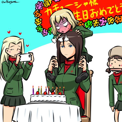 =3 bangs birthday_cake black_footwear black_hair black_legwear black_skirt blank_eyes blonde_hair blowing blue_eyes blush blush_stickers brown_hair brown_headwear cake candle carrying cellphone chair character_name clara_(girls_und_panzer) closed_eyes closed_mouth commentary food frown fruit full-face_blush fur_hat girls_und_panzer green_jacket happy_birthday hat heart holding holding_cellphone holding_phone insignia jacket katyusha kogane_(staygold) leaning_forward loafers long_hair long_sleeves lowres miniskirt nina_(girls_und_panzer) no_eyes nonna open_mouth phone pleated_skirt pravda_school_uniform red_shirt school_uniform serious shirt shoes short_hair short_twintails shoulder_carry sitting skirt smartphone smile socks standing strawberry sweatdrop swept_bangs table tablecloth taking_picture translated turtleneck twintails twitter_username ushanka