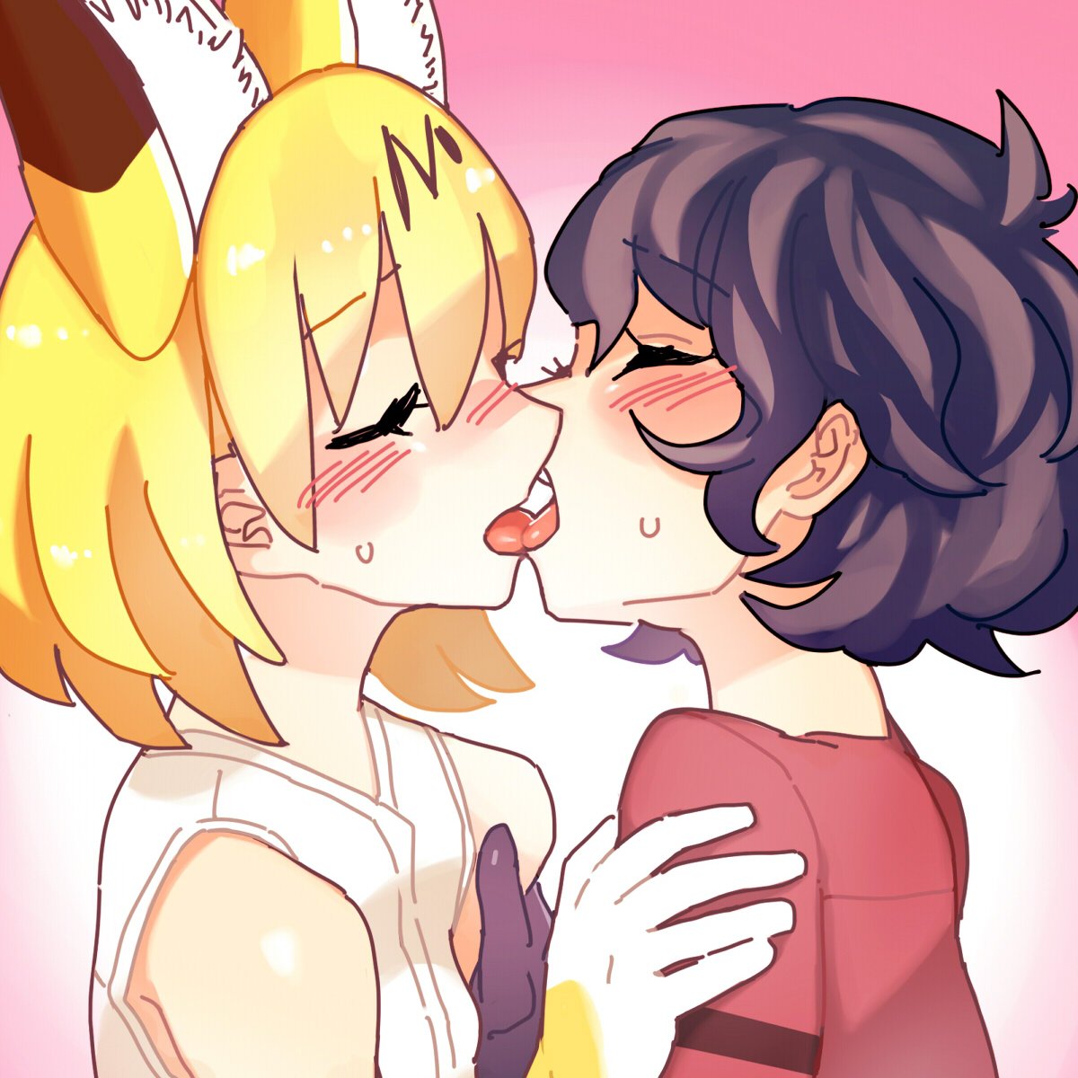 2girls animal_ears black_gloves black_hair blonde_hair blush closed_eyes eyebrows_visible_through_hair french_kiss gloves hand_on_another's_arm highres initsukkii kaban_(kemono_friends) kemono_friends kiss multiple_girls serval_(kemono_friends) short_hair sweatdrop yuri