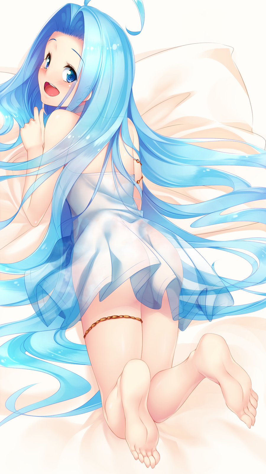 1girl :d ahoge backless_dress backless_outfit barefoot bed_sheet blue_eyes blue_hair blush dress granblue_fantasy highres long_hair looking_at_viewer looking_back lying lyria_(granblue_fantasy) on_stomach open_mouth pleated_dress shiny shiny_hair short_dress simple_background sleeveless sleeveless_dress smile soles solo thighlet unosuke very_long_hair white_background white_dress