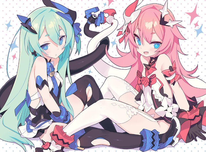 2girls :d bangs bare_shoulders black_dress black_gloves black_legwear blade_(galaxist) blue_eyes blush bow breasts closed_mouth commentary dress eyebrows_visible_through_hair fang flower garter_straps gloves green_hair hair_between_eyes hair_ornament honkai_(series) honkai_impact_3rd intertwined_tails liliya_olyenyey long_hair looking_at_viewer multiple_girls open_mouth pink_hair polka_dot polka_dot_background red_bow red_flower red_rose rose rozaliya_olyenyey short_eyebrows small_breasts smile sparkle symbol-shaped_pupils tail thigh-highs very_long_hair white_background white_legwear