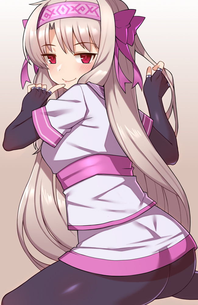 1girl ainu_clothes ass bangs blush bow breasts fate/grand_order fate_(series) fingerless_gloves gloves hair_between_eyes hair_bow hairband illyasviel_von_einzbern index_finger_raised long_hair looking_at_viewer nt00 pantyhose red_eyes sash shirt sitonai small_breasts smile solo white_hair white_shirt