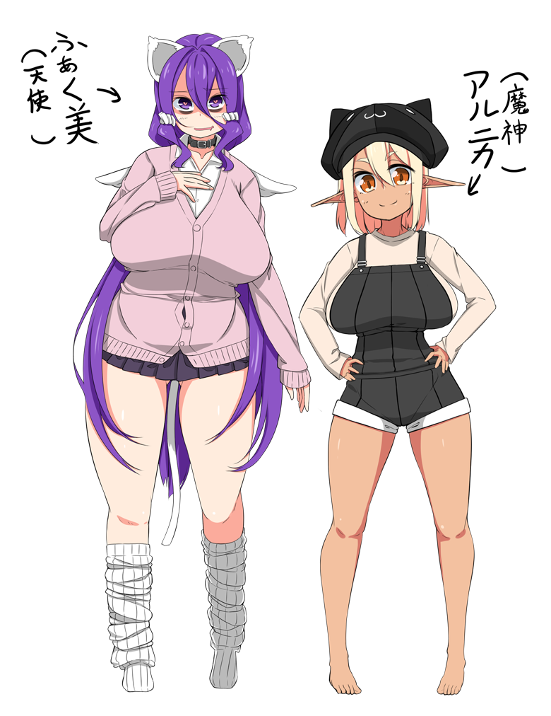 2girls angel angel_and_devil angel_wings animal_ears animal_hat bags_under_eyes barefoot blonde_hair breasts brown_eyes cabbie_hat cardigan cat_ears cat_girl cat_hat cat_tail collar collared_shirt commentary_request dark_skin demon drooling hair_between_eyes hat heart heart-shaped_pupils huge_breasts long_hair looking_at_viewer mini_wings miniskirt multiple_girls original overalls pleated_skirt pointy_ears school_uniform shirt sidelocks simple_background skirt smile symbol-shaped_pupils tail thighs toudori translated very_long_hair white_background white_shirt wings