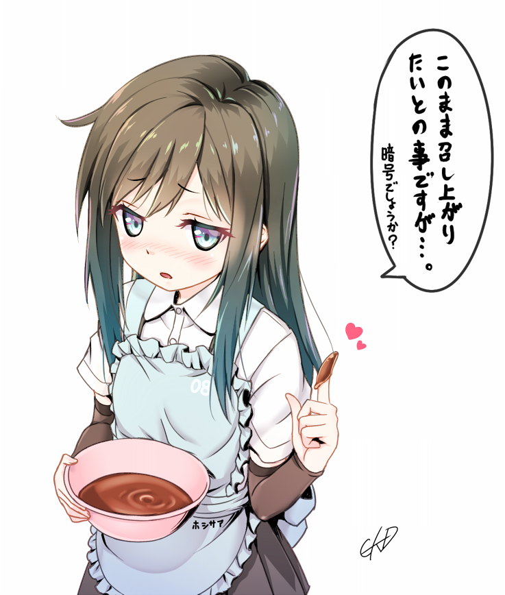 1girl apron arm_warmers asashio_(kantai_collection) black_hair blue_eyes blush bowl chocolate chocolate_making chocolate_on_fingers commentary gotou_hisashi holding holding_bowl kantai_collection long_hair looking_at_viewer nose_blush pink_apron pleated_skirt shirt short_sleeves simple_background skirt solo translated twitter_username upper_body valentine white_background white_shirt