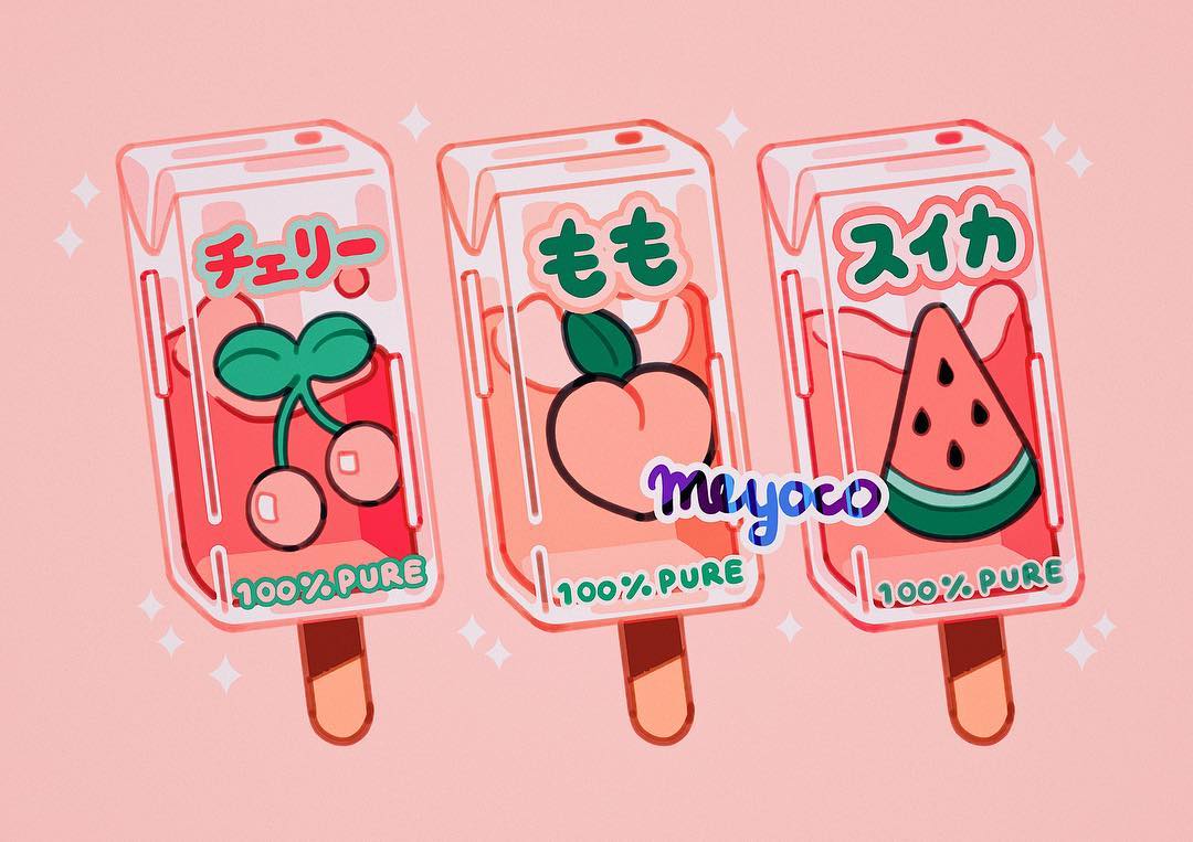 artist_name cherry commentary food fruit juice_box leaf liquid meyoco no_humans original peach pink_background popsicle simple_background sparkle translated watermelon watermelon_seeds