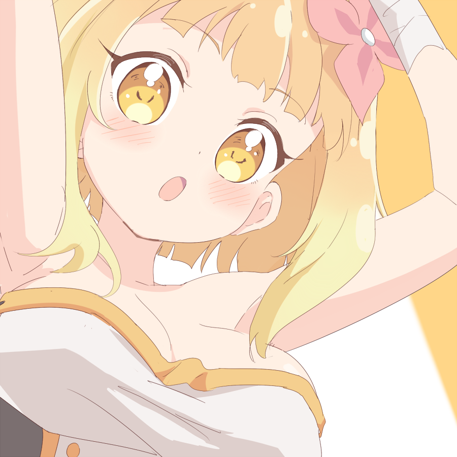 1girl armpits arms_up bangs bare_shoulders blonde_hair blush breasts endro! fai_fai flower hair_flower hair_ornament large_breasts looking_at_viewer open_mouth pink_flower short_hair solo strapless trg-_(sain) yellow_eyes