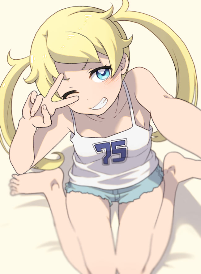 1girl bare_shoulders barefoot blonde_hair blue_eyes grin kiratto_pri_chan long_hair looking_at_viewer mattaku_mousuke moegi_emo one_eye_closed reaching_out self_shot shorts sitting smile solo twintails v wariza