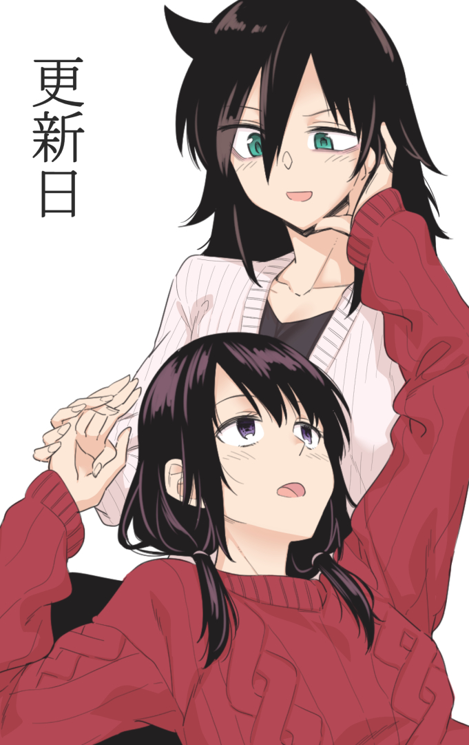 2girls aran_sweater black_eyes black_hair blush casual collarbone commentary commentary_request green_eyes hair_between_eyes hand_on_another's_cheek hand_on_another's_face holding_hands kuroki_tomoko long_hair long_sleeves looking_at_another looking_down looking_up low_twintails multiple_girls open_mouth orikuchi_hirata partial_commentary red_sweater sweater tamura_yuri translated twintails upper_body watashi_ga_motenai_no_wa_dou_kangaetemo_omaera_ga_warui! yuri