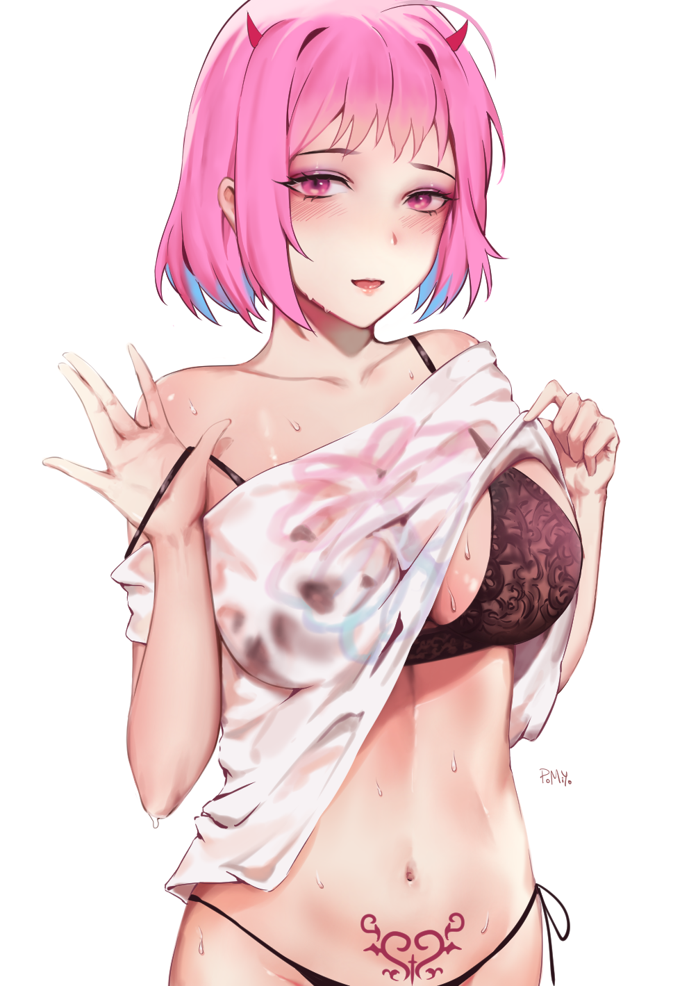 1girl ahoge bad_id bad_pixiv_id black_bra blush bra breasts demon_horns highres horns idolmaster idolmaster_cinderella_girls lace lace_bra large_breasts looking_at_viewer multicolored_hair odya off_shoulder pink_eyes pink_hair pubic_tattoo shirt shirt_lift short_hair simple_background solo strap_slip sweat tattoo two-tone_hair underwear upper_body white_background yumemi_riamu