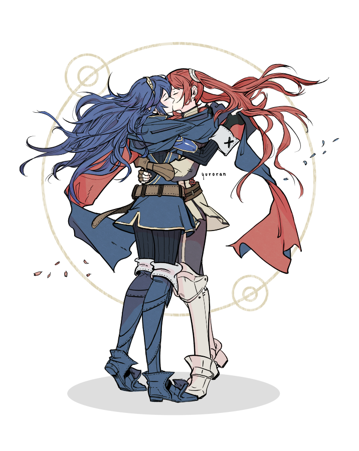 2girls arms_around_waist belt boots cape closed_eyes commentary english_commentary fingerless_gloves fire_emblem fire_emblem:_kakusei gloves kiss leaves_in_wind long_hair lucina multiple_girls redhead selena_(fire_emblem) simple_background standing strap thigh-highs tiara twintails white_background yuri yuroran