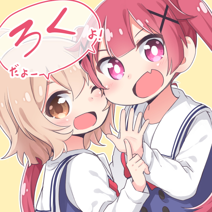 2girls :d ;d blonde_hair brown_eyes countdown fang hair_ornament konomori_kanon long_hair mukunoki_nanatsu multiple_girls one_eye_closed open_mouth pink_eyes redhead school_uniform short_hair simple_background smile tanemura_koyori translated twintails watashi_ni_tenshi_ga_maiorita! x_hair_ornament