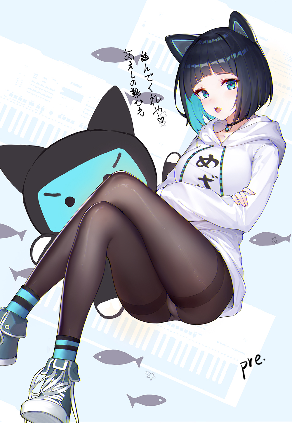 1girl animal_ears bangs black_choker black_hair black_legwear blue_background blue_eyes blue_footwear blue_hair blunt_bangs blush bob_cut breasts cat_ears choker clothes_writing commentary_request crossed_arms crossed_legs drawstring fake_animal_ears fine_fabric_emphasis fish gems_company highres hood hood_down hoodie invisible_chair jewelry long_sleeves looking_at_viewer medium_breasts mizushima_aoi_(virtual_youtuber) multicolored_hair open_mouth panties panties_under_pantyhose pantyhose pendant pre_(17194196) shoes short_hair signature sitting smile solo star stuffed_toy thighband_pantyhose translated translation_request two-tone_background two-tone_hair underwear untied_shoes