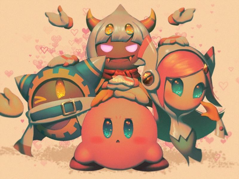 1girl 3boys bellhenge blue_eyes blush commentary deviantart deviantart_username fangs floating_hand frown hal_laboratory_inc. heart hoshi_no_kirby hoshi_no_kirby_wii humanoid_robot kirby kirby's_return_to_dream_land kirby:_planet_robobot kirby:_star_allies kirby_(series) kirby_triple_deluxe magolor nintendo no_humans one_eye_closed pastel_colors pink_eyes pink_hair pink_puff_ball realistic robot_girl sparkling_eyes susie_(kirby) taranza twitter_username