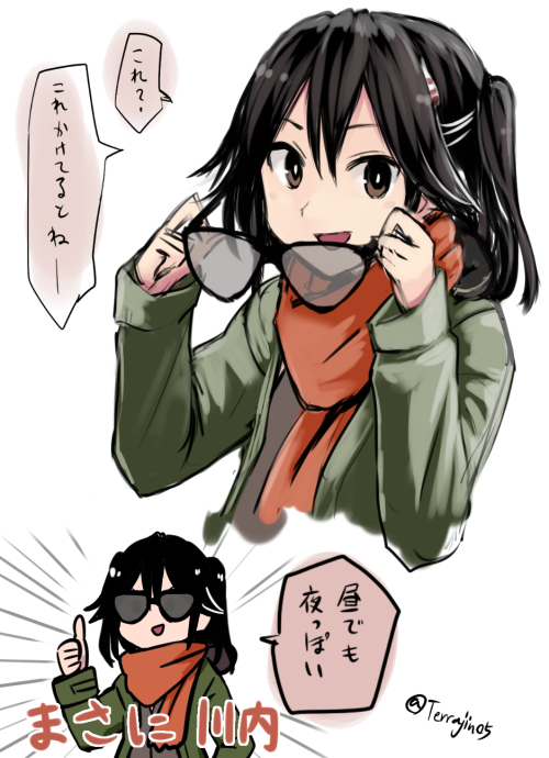 1girl alternate_costume brown_eyes brown_hair brown_vest coat eyewear_removed green_coat hair_between_eyes hair_ornament holding holding_eyewear kantai_collection looking_at_viewer masa_ni multiple_views night_battle_idiot open_mouth orange_scarf scarf sendai_(kantai_collection) smile sunglasses terrajin thumbs_up translated twitter_username two_side_up vest