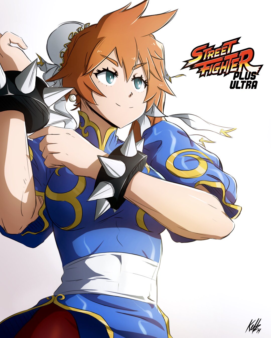 1girl blue_dress boku_no_hero_academia bracelet china_dress chinese_clothes chun-li chun-li_(cosplay) cosplay dress hair_between_eyes highres jewelry kellzallday30 kendou_itsuka orange_hair pantyhose sash signature simple_background spiked_bracelet spikes street_fighter white_background