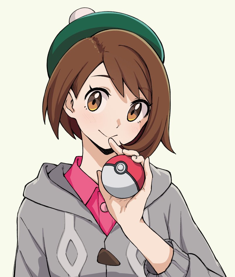 1girl bangs blush brown_eyes brown_hair cardigan closed_mouth commentary dress english_commentary eyebrows_visible_through_hair female_protagonist_(pokemon_swsh) flat_chest green_headwear grey_background grey_cardigan grey_jacket hand_up happy hat head_tilt holding holding_poke_ball hood hoodie jacket jpeg_artifacts light_blush long_sleeves looking_at_viewer pas_(paxiti) pink_dress poke_ball poke_ball_(generic) pokemon pokemon_(game) pokemon_swsh simple_background smile solo swept_bangs tam_o'_shanter upper_body