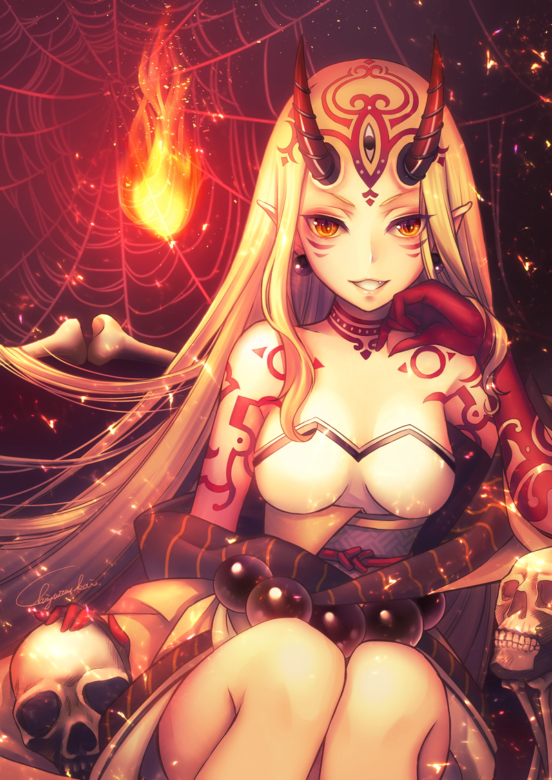 1girl :d bare_shoulders beads blonde_hair bone earrings fang fate/grand_order fate_(series) fire ibaraki_douji_(fate/grand_order) japanese_clothes jewelry kimono long_hair looking_at_viewer obi off_shoulder oni oni_horns open_mouth orange_eyes pointy_ears prayer_beads sash satochi_(1122) signature silk skull smile solo spider_web straight_hair tattoo very_long_hair yellow_kimono