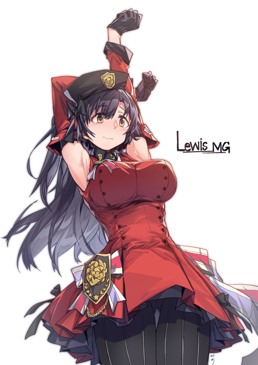 1girl aningay armpits ass_visible_through_thighs bangs bare_shoulders black_gloves black_hair black_headwear black_legwear blush breasts brown_hair closed_mouth commentary covered_nipples detached_sleeves dress eyebrows_visible_through_hair girls_frontline gloves hair_between_eyes half_gloves hat highres large_breasts lewis_(girls_frontline) long_hair long_sleeves pantyhose red_dress red_sleeves simple_background sleeveless sleeveless_dress solo striped striped_legwear symbol_commentary vertical-striped_legwear vertical_stripes very_long_hair white_background