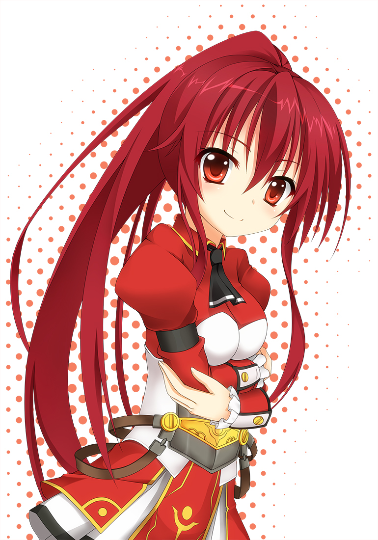 1girl armor belt elesis_(elsword) elsword eyebrows_visible_through_hair free_knight_(elsword) hair_between_eyes long_hair lowell_(ouranoss2kanata) ponytail red_eyes redhead smile