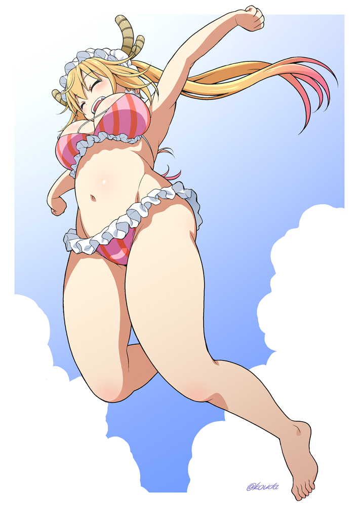 1girl armpits barefoot bikini blonde_hair blush breasts closed_eyes clouds cloudy_sky day eyebrows eyebrows_visible_through_hair frilled_bikini frills from_below gradient_hair groin horns jumping kobayashi-san_chi_no_maidragon kouda_tomohiro large_breasts long_hair maid_headdress multicolored_hair navel open_mouth outstretched_arms shiny shiny_hair shiny_skin sky solo spread_arms striped striped_bikini swimsuit swimwear tooru_(maidragon) vertical-striped_bikini vertical_stripes very_long_hair