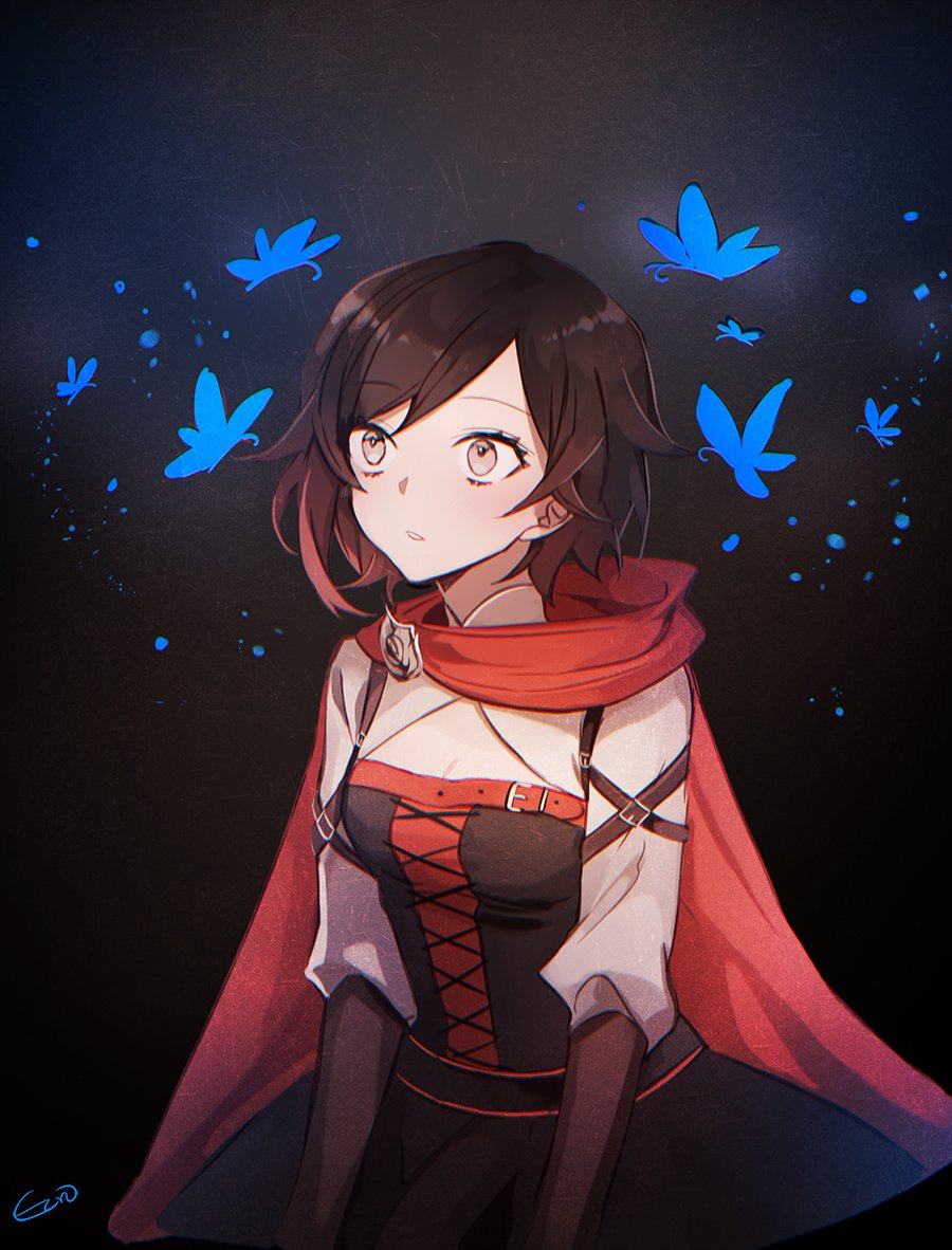 1girl black_background black_hair blue_butterfly breasts bug butterfly ecru grey_eyes insect multicolored_hair redhead ruby_rose rwby short_hair small_breasts