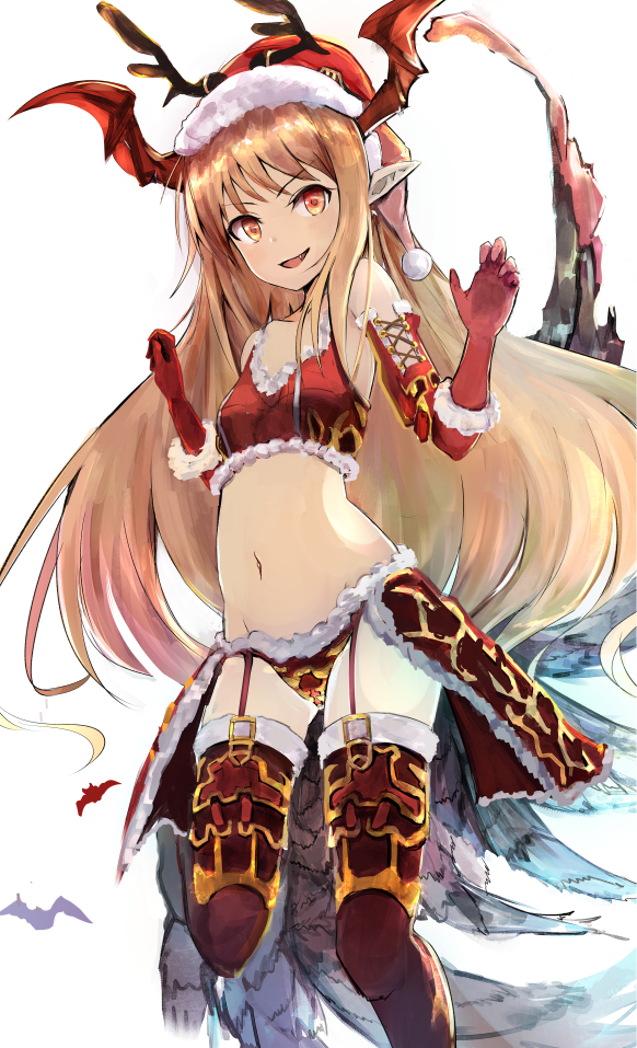 1girl arched_back bangs bare_shoulders bat bat_wings blonde_hair breasts collarbone commentary_request crop_top elbow_gloves fang fur-trimmed_gloves fur-trimmed_hat fur-trimmed_overskirt fur-trimmed_panties fur-trimmed_shirt fur_trim garter_straps gloves gold_trim granblue_fantasy groin hair_spread_out hands_up hat head_wings hip_focus long_hair looking_at_viewer marisayaka midriff navel open_mouth overskirt panties pointy_ears pom_pom_(clothes) red_eyes red_garter_straps red_gloves red_headwear red_overskirt red_panties red_shirt red_wings santa_costume santa_hat shingeki_no_bahamut shirt small_breasts solo standing standing_on_one_leg stomach thigh-highs underwear v-shaped_eyebrows vampire vampy very_long_hair w_arms white_background white_fur wings