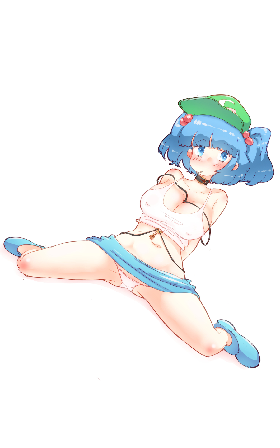 1girl ass bangs bare_legs bare_shoulders belt belt_around_neck between_breasts blue_eyes blue_footwear blue_hair blue_skirt blunt_bangs blush breasts collar collarbone covered_nipples eyebrows_visible_through_hair green_headwear groin hair_bobbles hair_ornament hat highres kawashiro_nitori key miniskirt mouth_hold navel non_(z-art) o-ring panties shirt short_hair simple_background sitting skirt skirt_lift solo spread_legs tank_top thighs touhou two_side_up underwear upskirt white_background white_panties white_shirt