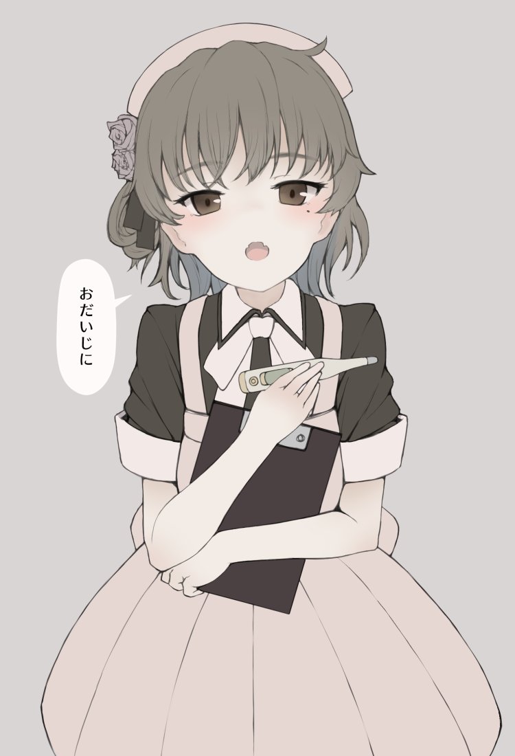 1girl black_ribbon black_shirt bow bowtie brown_eyes brown_hair clipboard collared_shirt commentary fangs flower grey_background grey_rose hair_flower hair_ornament hair_ribbon hat hatoba_tsugu hatoba_tsugu_(character) holding holding_clipboard holding_thermometer light_blush medium_skirt mole mole_under_eye nurse nurse_cap open_mouth petag2 pink_headwear pink_skirt pleated_skirt ribbon rose shirt short_sleeves simple_background skirt solo thermometer translated virtual_youtuber white_neckwear