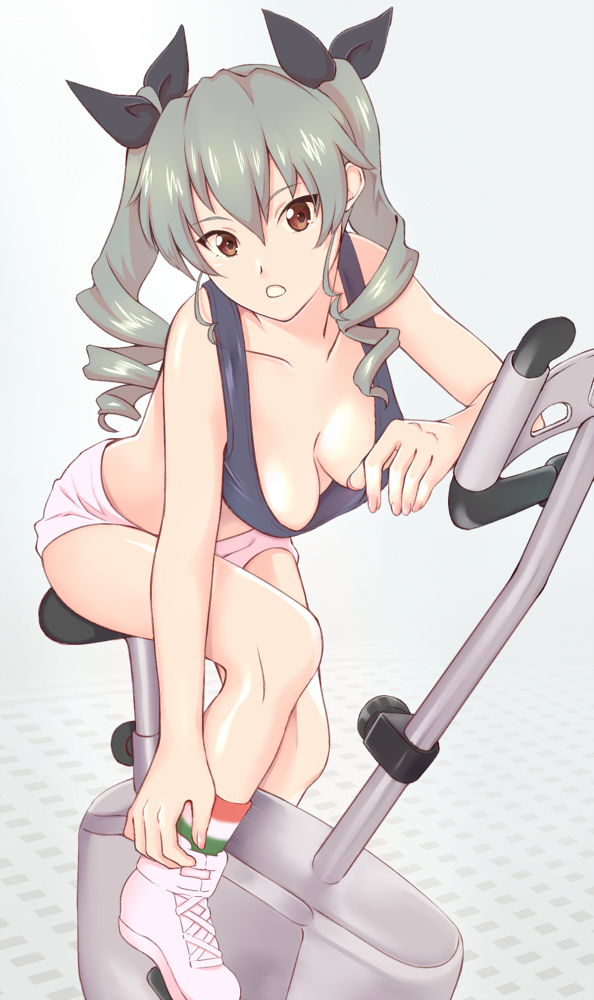 1girl anchovy arm_support bangs black_ribbon black_shirt breasts commentary crop_top drill_hair egooo exercise_bike flag_print full_body girls_und_panzer gradient gradient_background green_hair hair_ribbon hanging_breasts head_tilt italian_flag leaning_forward legs light_frown long_hair looking_at_viewer medium_breasts no_bra open_mouth print_legwear red_eyes ribbon shirt shoes short_shorts shorts sitting socks solo twin_drills twintails white_footwear white_shorts