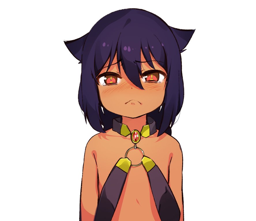 1girl :&lt; arms_at_sides black_hair blush bright_pupils commentary_request dark_skin eyebrows_visible_through_hair flat_chest hair_between_eyes hair_flaps halterneck jahy jahy_sama_wa_kujikenai konbu_wakame long_hair looking_at_viewer loose_clothes o-ring o-ring_top pursed_lips red_eyes revealing_clothes simple_background slit_pupils solo tearing_up upper_body wavy_mouth white_background