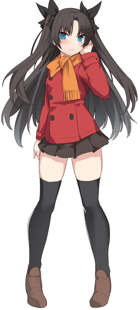 1girl bangs black_hair black_legwear black_skirt blue_eyes blush brown_footwear commentary_request eyebrows_visible_through_hair fate/stay_night fate_(series) full_body hair_ribbon hand_in_hair jacket long_hair long_sleeves looking_at_viewer orange_scarf parted_bangs pleated_skirt red_jacket ribbon scarf shiseki_hirame shoes simple_background skirt solo standing thigh-highs toosaka_rin two_side_up white_background zettai_ryouiki