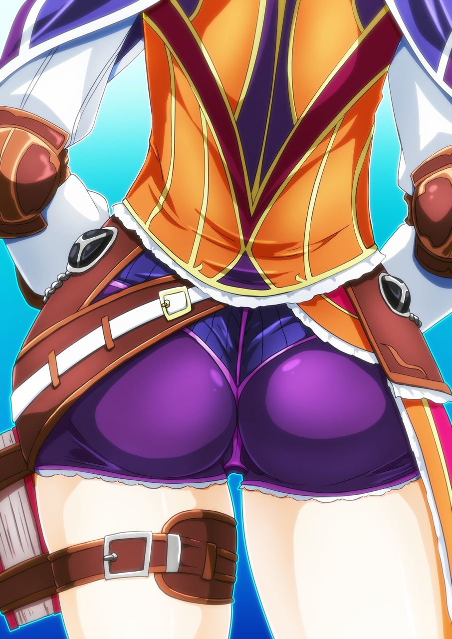 1girl ass blue_background cowboy_shot gradient gradient_background highres laxia_(ys) long_sleeves purple_shorts short_shorts shorts skin_tight solo tappa_(esperanza) thigh_gap thigh_strap ys ys_viii_lacrimosa_of_dana