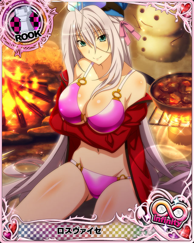 1girl antenna_hair aqua_eyes bare_shoulders bikini bikini_under_clothes blush breast_hold breasts card_(medium) character_name chess_piece closed_mouth fire goggles goggles_on_head hair_ribbon hat high_school_dxd high_school_dxd_infinity large_breasts long_hair looking_at_viewer navel no_pants off_shoulder official_art open_clothes pink_bikini ribbon rook_(chess) rossweisse silver_hair sitting smile snowman solo swimsuit trading_card very_long_hair winter_clothes