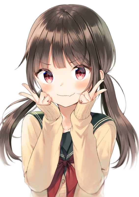 &gt;:) 1girl bangs blush brown_cardigan brown_hair cardigan closed_mouth collarbone commentary_request double_v eyebrows_visible_through_hair fang fang_out fingernails green_sailor_collar hands_up long_hair long_sleeves low_twintails midorikawa_you neckerchief original red_eyes red_neckwear sailor_collar school_uniform serafuku simple_background sleeves_past_wrists smile solo twintails upper_body v v-shaped_eyebrows white_background